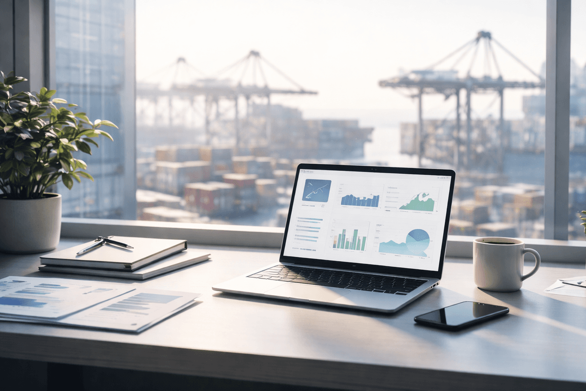 Modern workspace with laptop showing supply chain analytics dashboard, overlooking a container port through a window