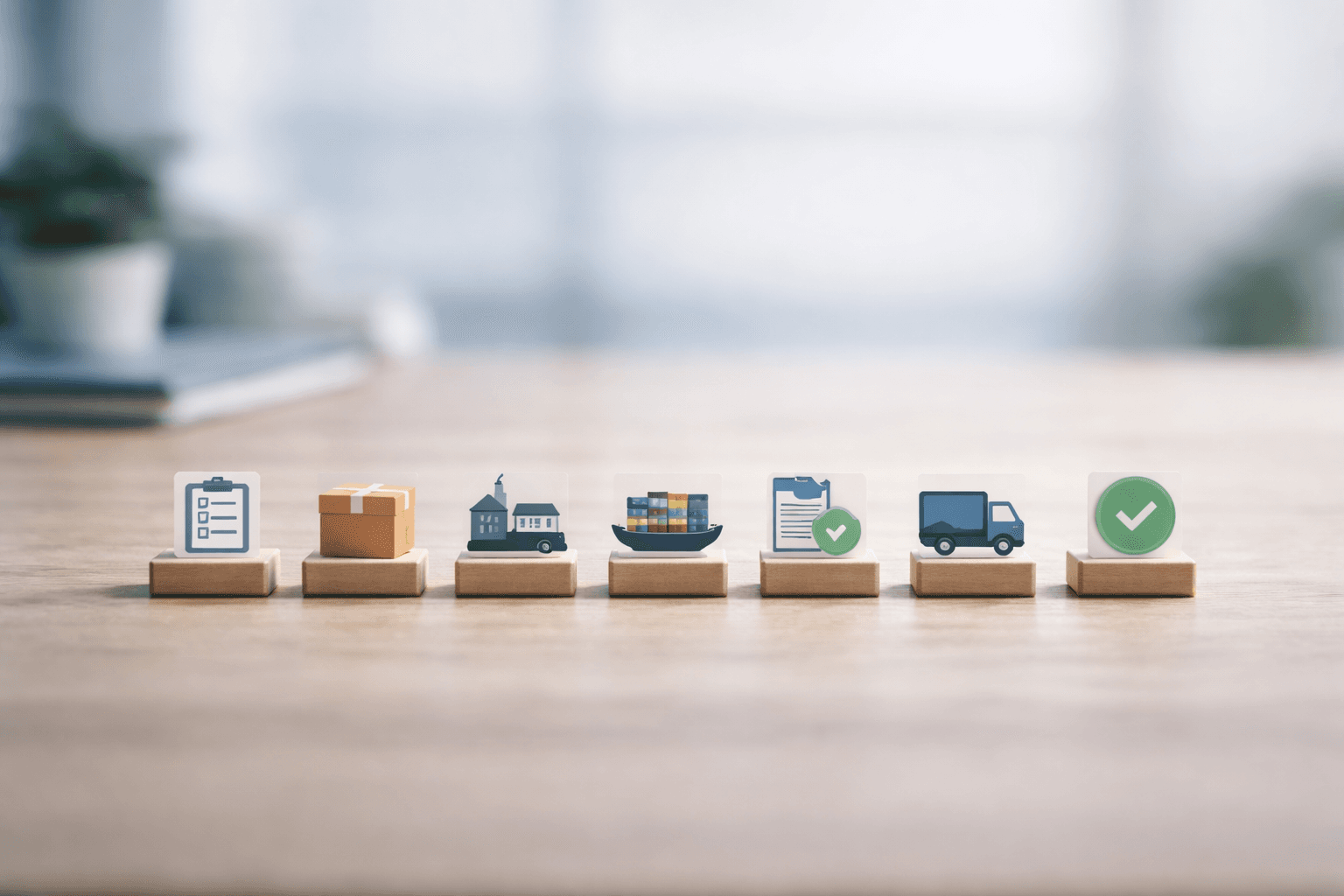 Seven wooden blocks arranged in a row on a desk, each with a supply chain milestone icon — representing the seven stages every import order goes through