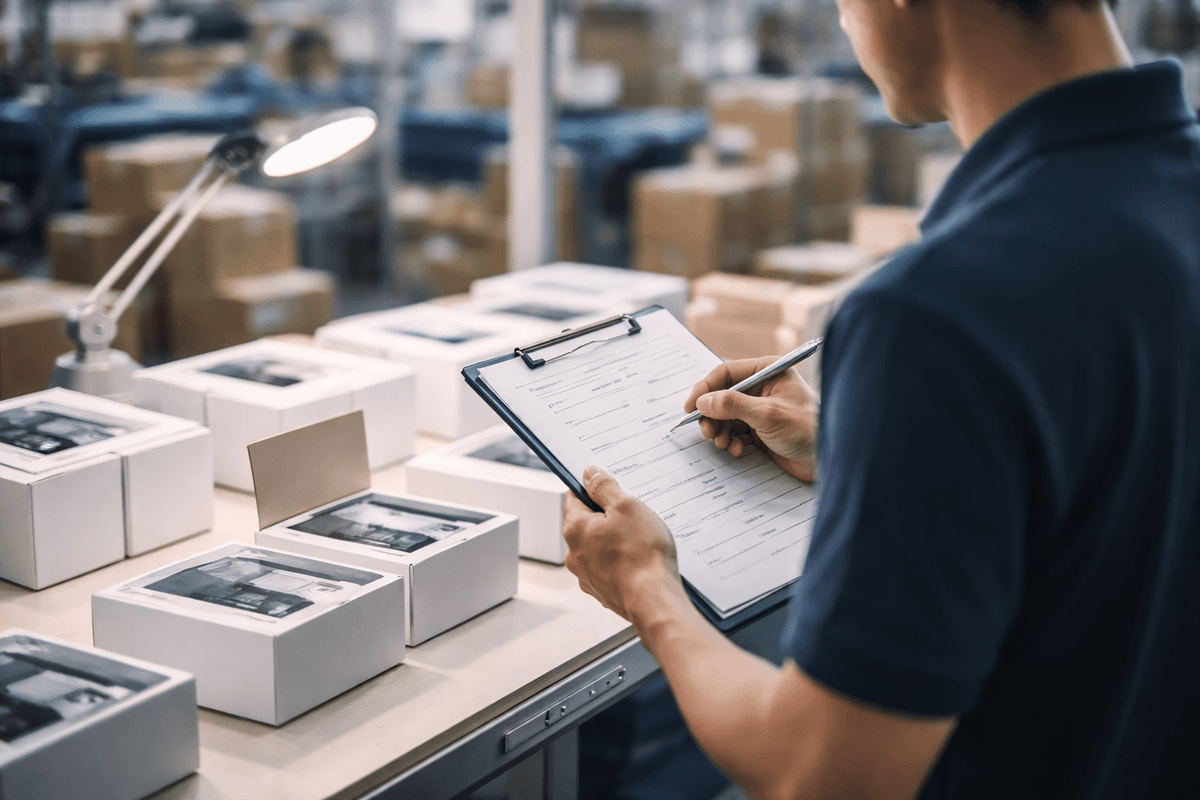 Quality control inspector examining packaged consumer products with a clipboard in a well-lit factory warehouse