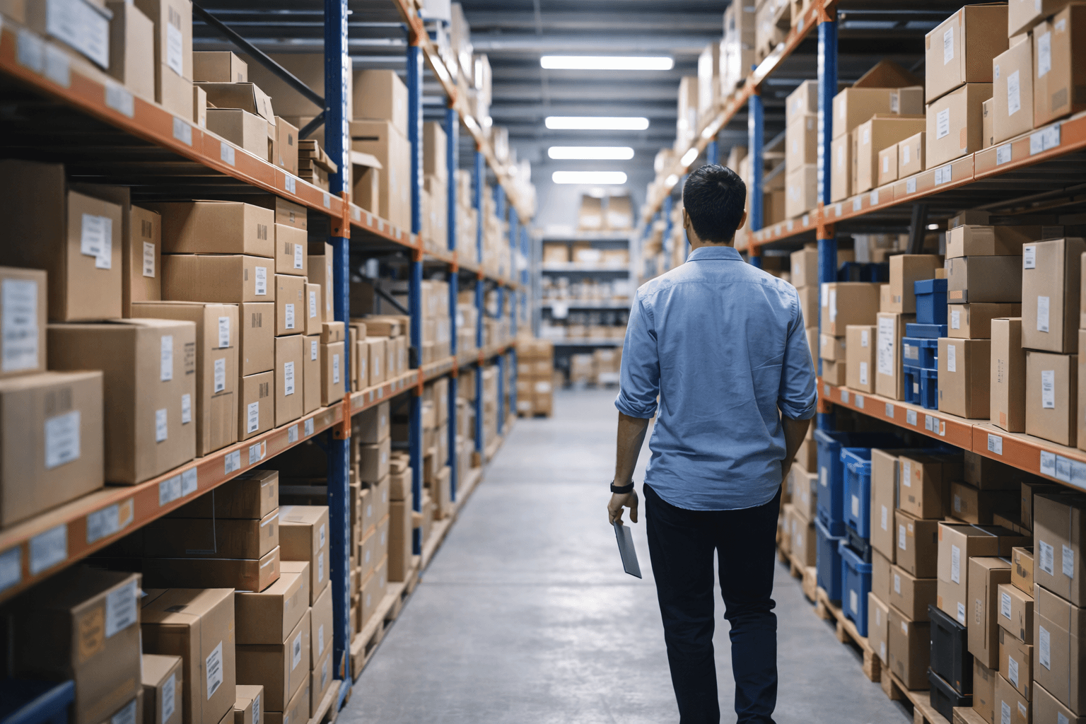 DTC brand founder walking through a growing warehouse aisle lined with inventory shelving and shipping boxes