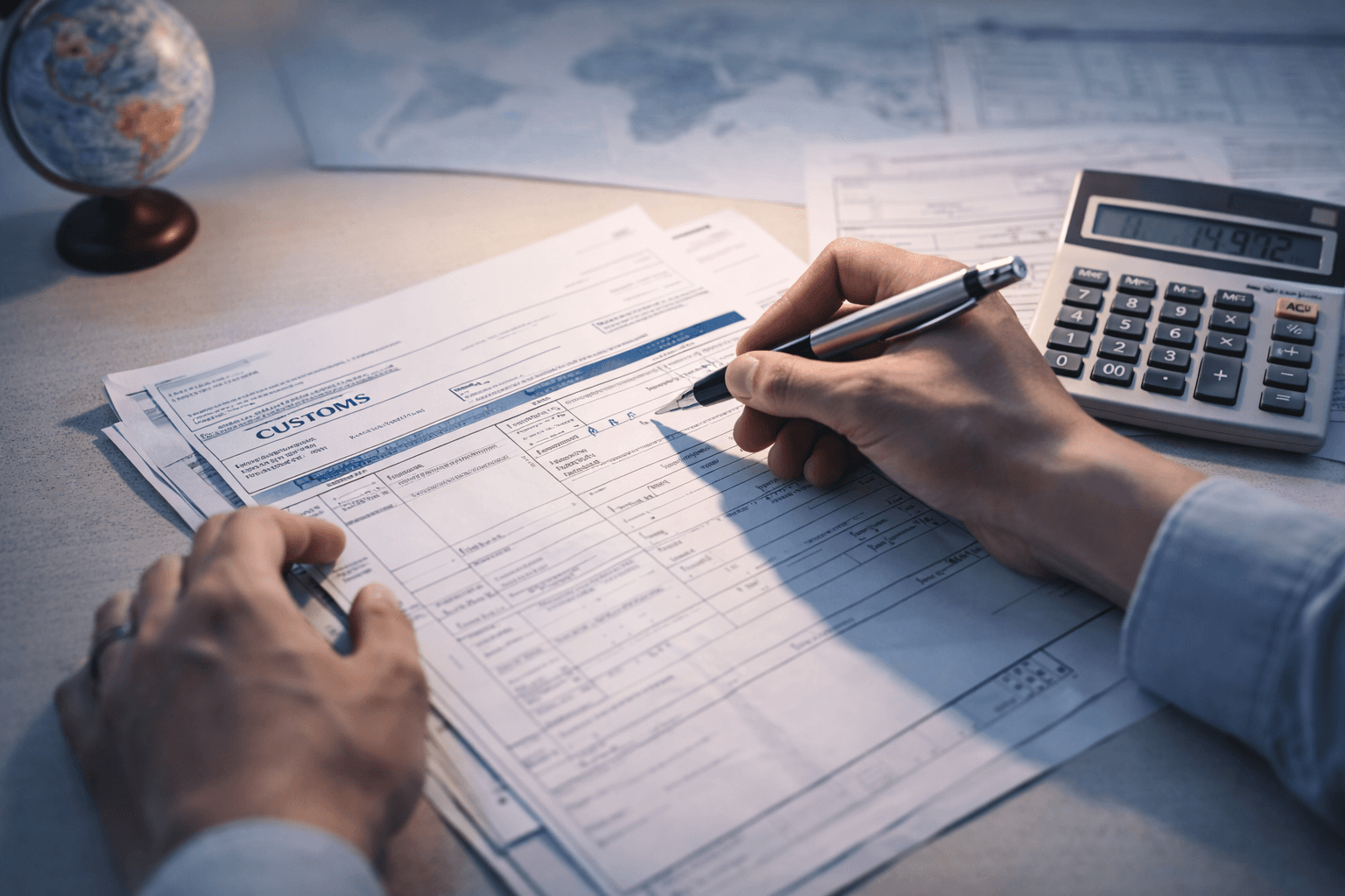 Hands reviewing customs forms and tariff documents with a calculator, globe, and world map on a professional desk