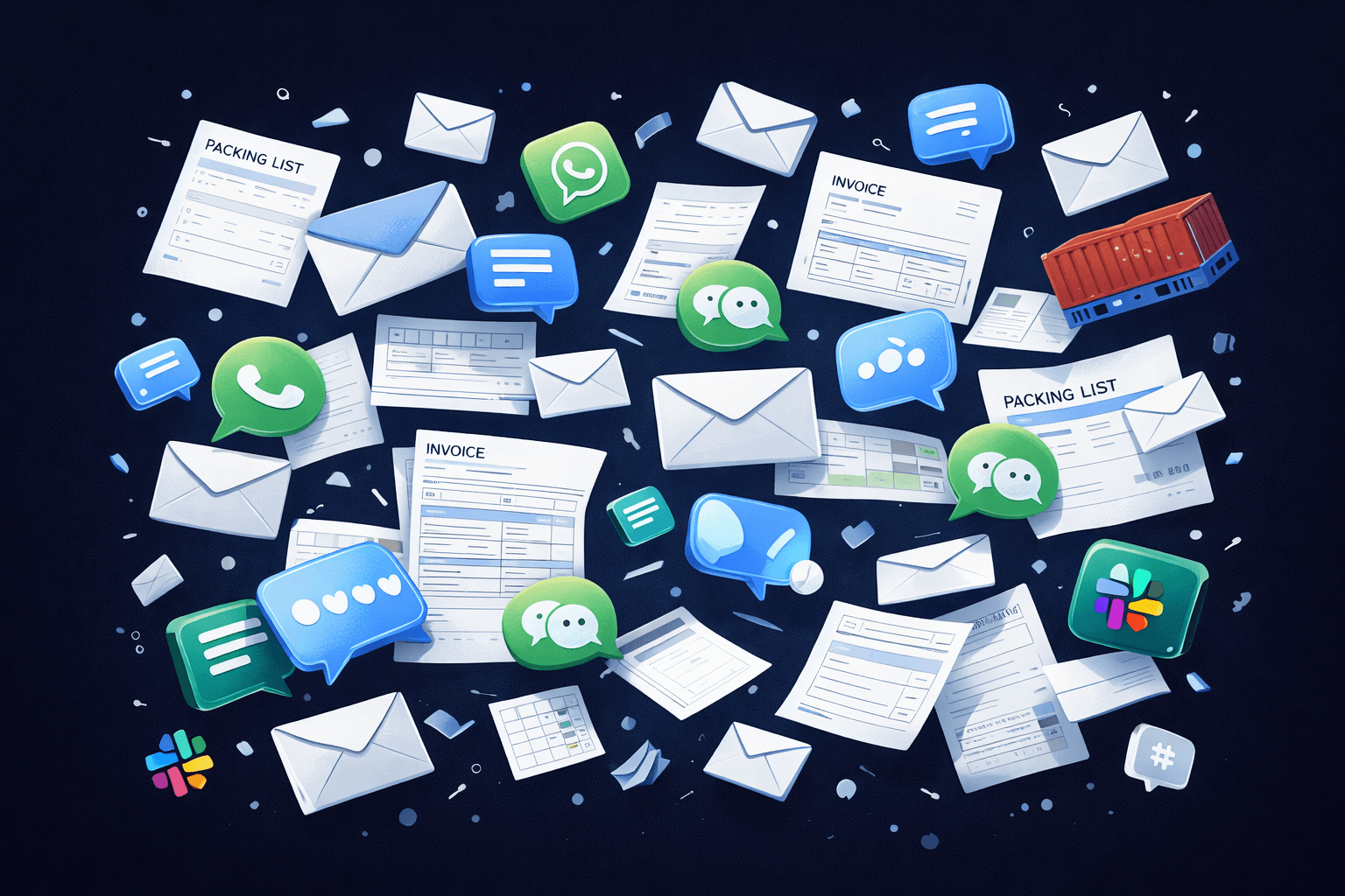 Illustration of scattered emails, WhatsApp messages, spreadsheets, and documents representing supply chain communication chaos