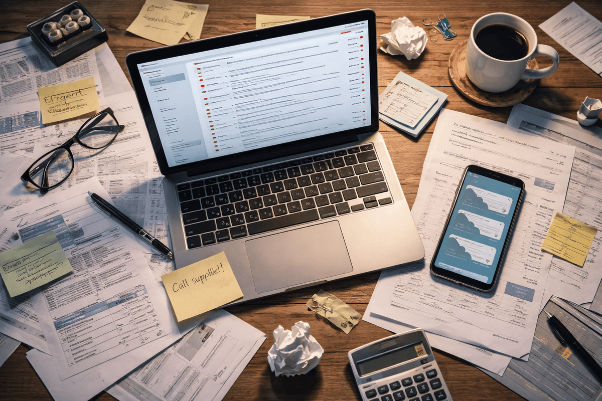 Cluttered desk with laptop showing overflowing email inbox, WhatsApp messages on phone, scattered invoices and sticky notes — representing the chaos of managing a supply chain through email