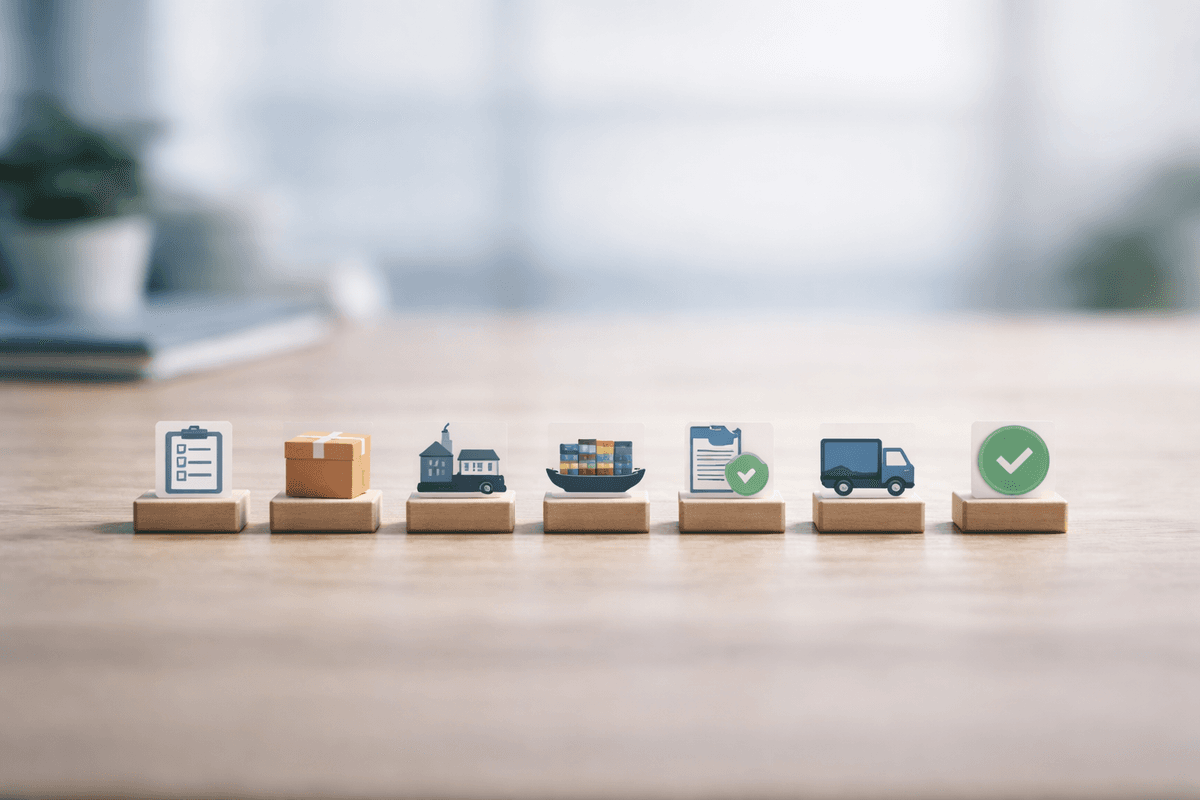 Seven wooden blocks arranged in a row on a desk, each with a supply chain milestone icon — representing the seven stages every import order goes through