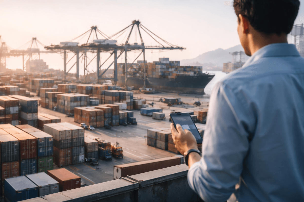 Logistics professional overlooking a busy container port at sunset while checking shipment status on a mobile phone