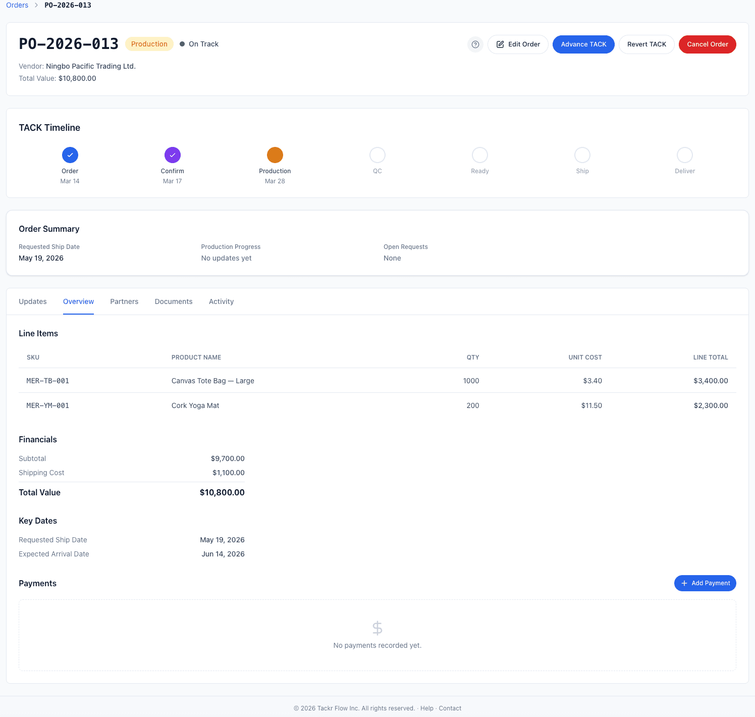 Order detail with TACK Timeline