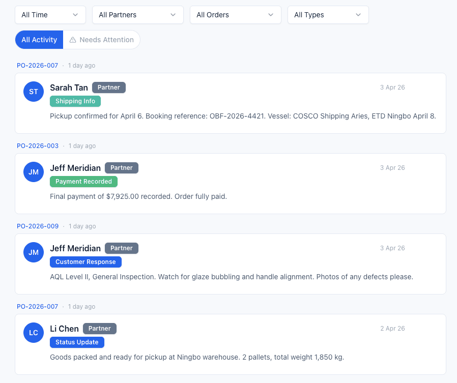 TACKfeed activity feed showing updates across multiple orders